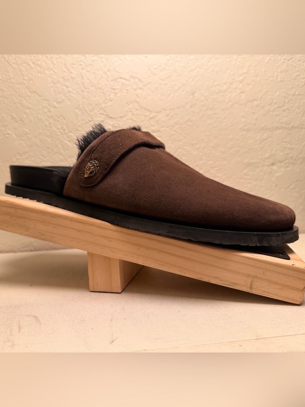 Kurt Geiger Brown Suede Backless Loafer with Fur Trim